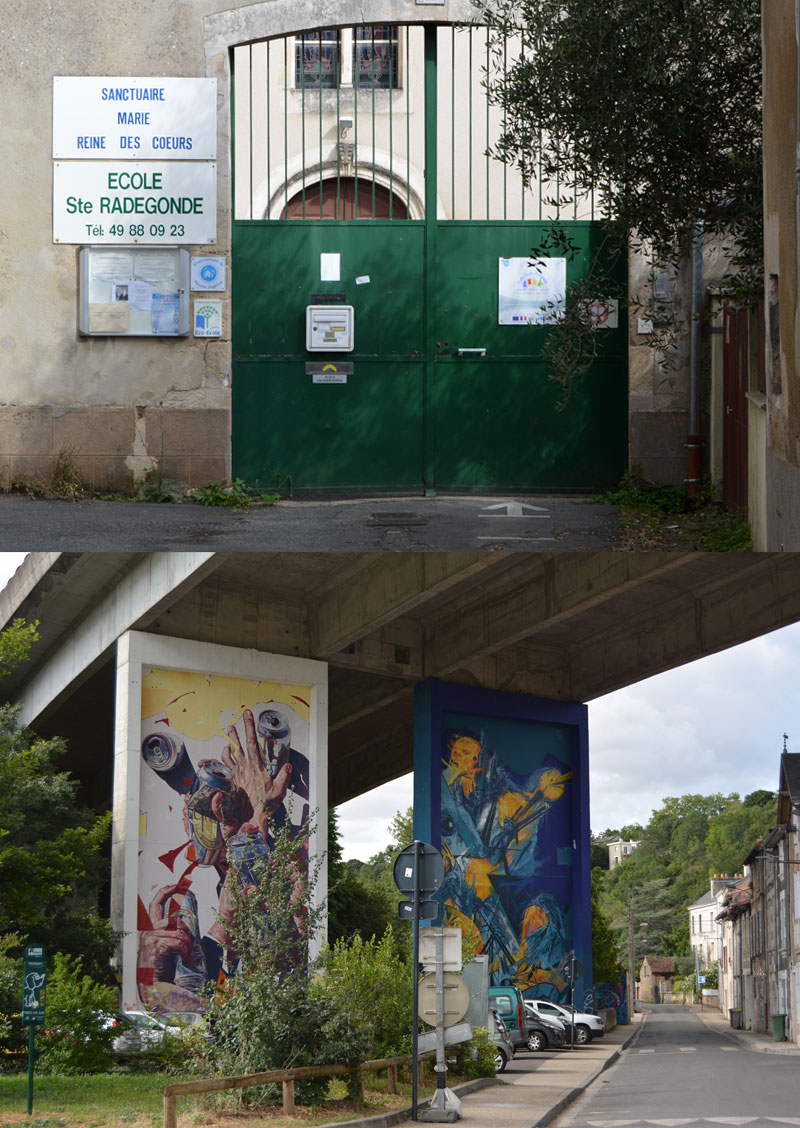 entrée d'une école et une fresque située en face montrant des mains écrasant des canettes de bières